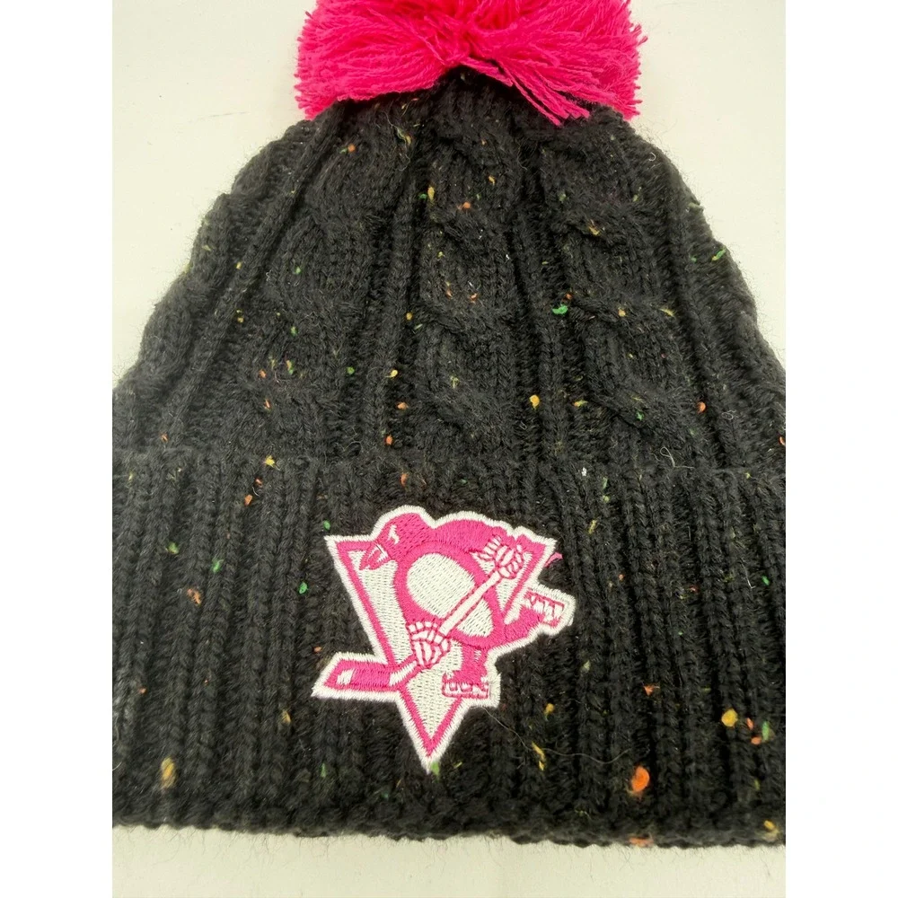 NHL Pittsburgh Penguins Girls Black Pink Cable Knit Pom Beanie Hat One Size Kid